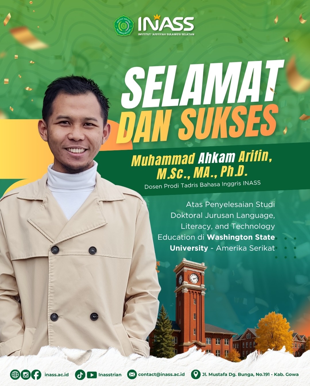 Dosen Tadris Bahasa Inggris INASS Raih Gelar Doktor di Amerika Serikat.